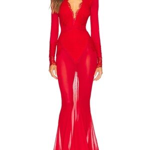 Michael Costello Vibrant Red Long Sleeve Gown